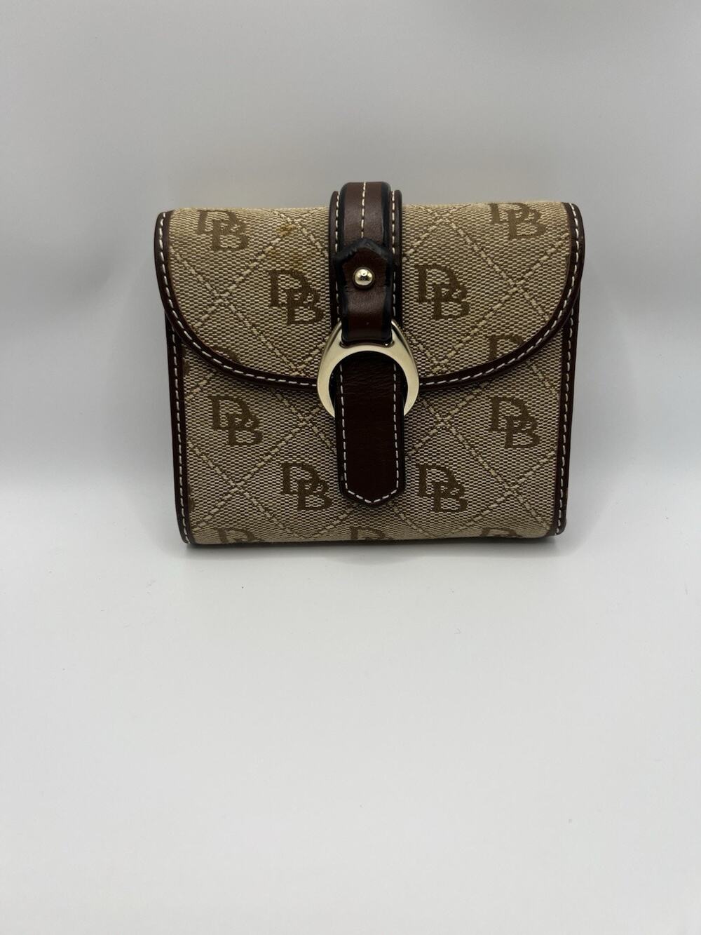Dooney &Bourke Vintage Bifold Jacquard Monogram DB Canvas Wallet Brown Leather